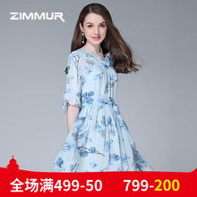 ZIMMUR夏季新款2018喇叭袖雪纺收腰系带A字裙印花中款优雅连衣裙图片