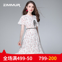 ZIMMUR夏季新款2018印花雪纺收腰绑带A字裙V领中长优雅连衣裙OL女图片