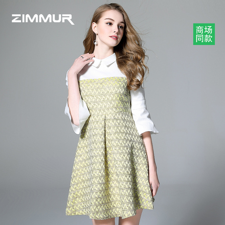 ZIMMUR秋季新品2018喇叭袖收腰A字裙polo领中裙优雅淑女OL连衣裙商品大图