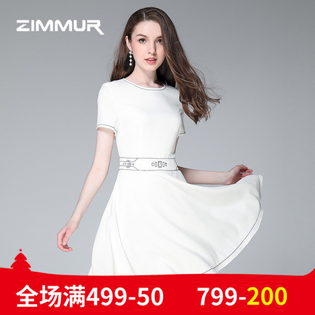 ZIMMUR夏季新款2018纯白色雪纺收腰A字裙OL中裙优雅简约女连衣裙商品大图