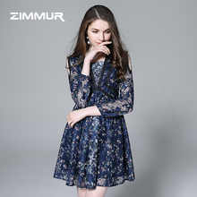 ZIMMUR秋冬新款2018蕾丝网纱性感优雅九分袖A字裙OL女中款连衣裙图片
