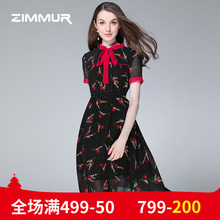 ZIMMUR夏季新款2018印花蝴蝶结雪纺中长款短袖收腰优雅大摆连衣裙图片