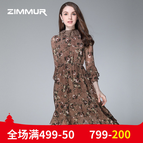 ZIMMUR秋季新款2018印花雪纺碎花荷叶袖不规则女优雅OL中长连衣裙商品大图