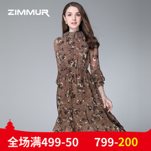 ZIMMUR秋季新款2018印花雪纺碎花荷叶袖不规则女优雅OL中长连衣裙图片
