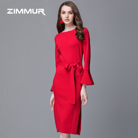ZIMMUR秋冬新款2018纯红色针织收腰喇叭袖开叉一步中长绑带连衣裙商品大图