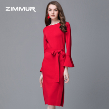 ZIMMUR秋冬新款2018纯红色针织收腰喇叭袖开叉一步中长绑带连衣裙图片