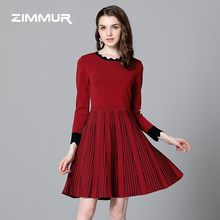 ZIMMUR秋冬新款2018收腰伞裙针织中款连衣裙OL打底毛衣A字裙女图片