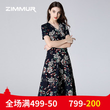 ZIMMUR夏季新款2018印花V领收腰中长款收腰修身大摆OL复古连衣裙图片
