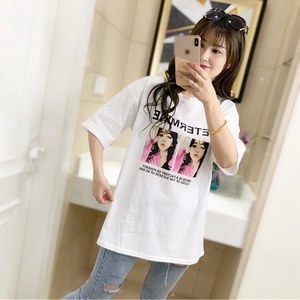 印花圆领中长款短袖女士上衣春装新款百搭女装显瘦学生t恤打底衫