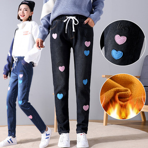 秋冬季13少女装15岁女孩14初中学生16松紧腰12大童加绒牛仔长裤子
