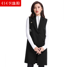 韩版气质v领百搭修身直筒刺绣中长款马甲上衣2018秋女装正品0136图片