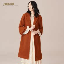 爱客女装2018秋装新款翻领修身一粒扣喇叭袖毛呢大衣外套女中长款图片