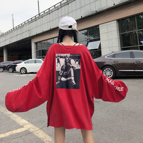 秋装女装韩版字母印花图案宽松长袖T恤防晒衫中长款体恤显瘦上衣商品大图