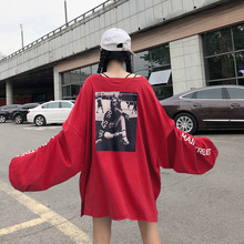 秋装女装韩版字母印花图案宽松长袖T恤防晒衫中长款体恤显瘦上衣图片