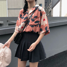 2019夏季韩版chic复古印花宽松显瘦翻领短袖衬衫女开衫半袖上衣潮