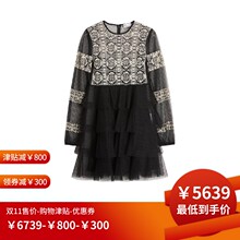 RED VALENTINO 2018秋冬黑色透视网眼拼接刺绣圆领长袖女士连衣裙图片