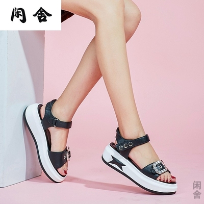 大号女鞋40-43码牛皮厚底坡跟水钻皮带扣休闲松糕底小码凉鞋3