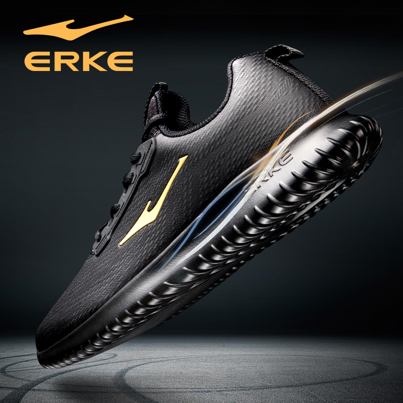 ERKE Men's Shoes Autumn Leather Waterproof Pure Black Sports Shoes Men's Youth Leisure Fitness Running Shoes