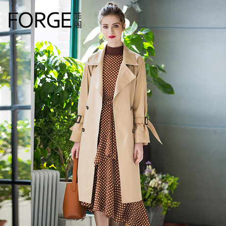 FORGE/菲阁女装春季外套中长款双排扣显瘦风衣卡其色修身韩版大衣商品大图