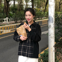 韩版 女上衣 格子拼接设计感小众衬衫 2019春季新款 ziling吱呤