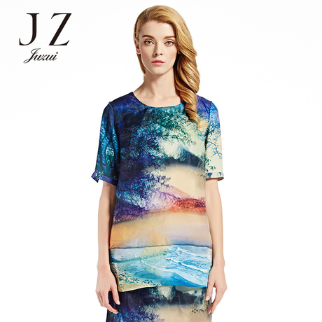 JUZUI/玖姿2017奥莱店女春装新修身印花圆领短袖上衣上衣商品大图