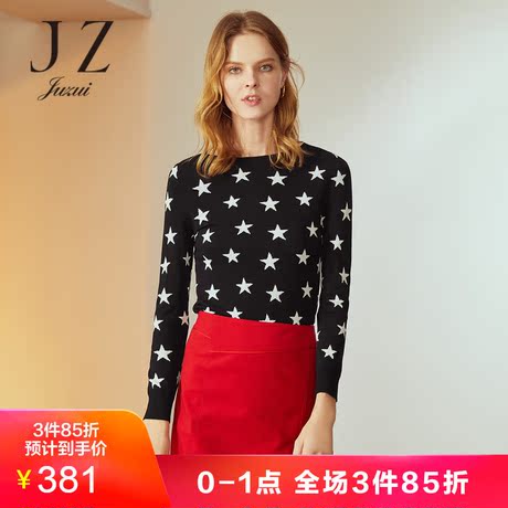 JUZUI/玖姿奥莱店2018冬装时尚星星印花薄针织女套头上衣女商品大图