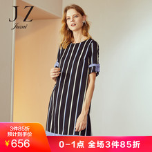 JUZUI/玖姿秋季新款圆领做旧复古竖条纹中长款连衣裙女图片
