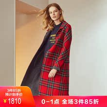 JUZUI/玖姿2018冬装系带花呢子格纹针织中长款羊毛大衣过膝图片