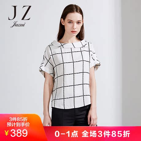 玖姿奥莱翻领短袖短袖T恤夏女装2018新款时尚宽松上衣商品大图
