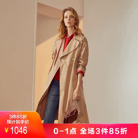 JUZUI/玖姿奥莱店2018秋装新款暗扣中长风衣女外套显瘦腰带款商品大图