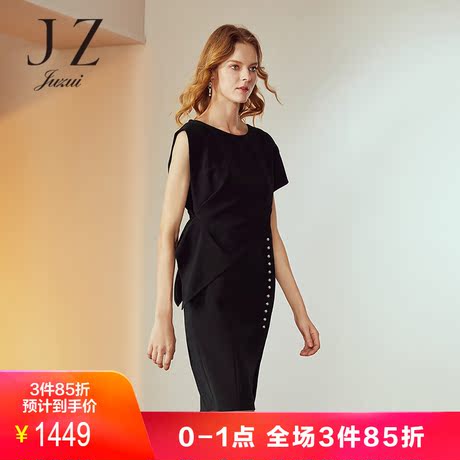 JUZUI/玖姿奥莱店2018秋季新款无袖钉珠收腰显瘦开叉连衣裙女商品大图