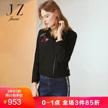玖姿奥莱冬装2018时尚绣花贴布羊毛拉链毛呢短外套女图片