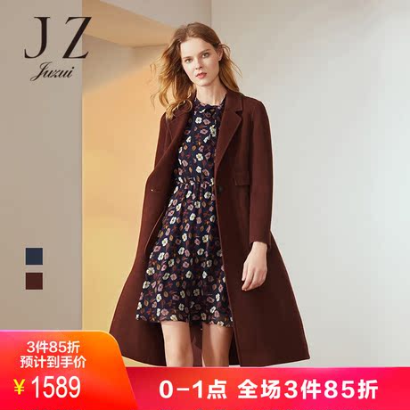 JUZUI/玖姿奥莱店2018冬装羊毛西装领一粒扣中长双面呢大衣女商品大图