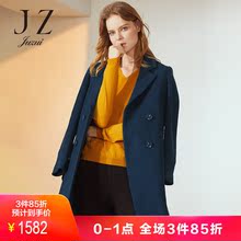 JUZUI/玖姿奥莱2018冬羊毛混纺双排扣西装领中长大衣女外套图片