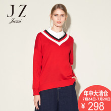 JUZUI/玖姿V领长袖上衣女春秋新款套头撞色针织衫图片