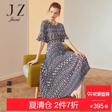 JUZUI/玖姿2018夏新款修身印花喇叭袖吊带连衣裙女中长款商品大图
