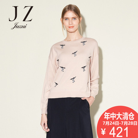 JUZUI/玖姿长袖上衣女秋季新款套头圆领毛衫女装商品大图
