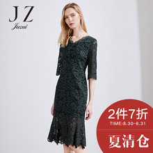 玖姿JUZUI/连衣裙中长款2018夏装新款气质中袖v领修身女长裙图片