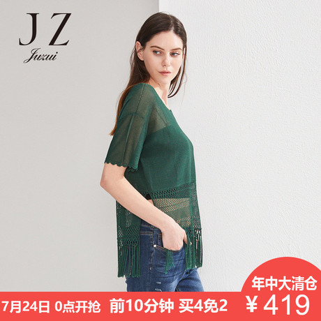 JUZUI/玖姿奥莱旗舰店2018夏装新款微透圆领短袖毛针织衫女商品大图