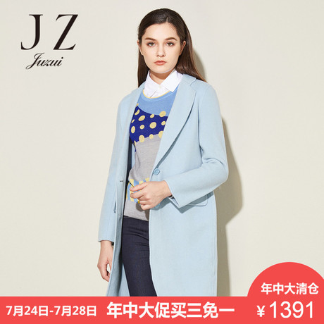 JUZUI/玖姿奥莱旗舰店2018冬装新款V领翻领双面呢中长羊毛大衣女商品大图