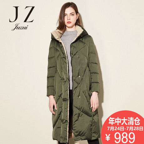 JUZUI/玖姿2018冬新款韩版军绿色中长款玖姿羽绒服外套商品大图