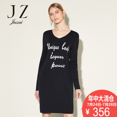 JUZUI/玖姿V领长袖上衣女春秋新款套头字母修身中长针织衫商品大图