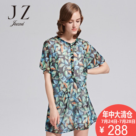 JUZUI/玖姿2018奥莱店女夏装新款修身植物印花微透短袖连衣裙商品大图