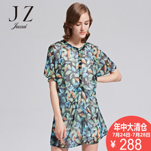 JUZUI/玖姿2018奥莱店女夏装新款修身植物印花微透短袖连衣裙图片