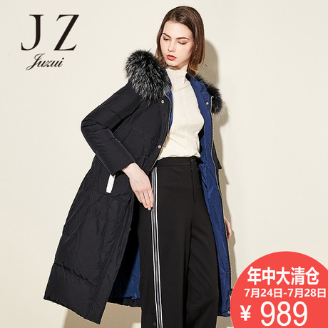 JUZUI/玖姿奥莱店2018冬装新款潮范连帽修身羽绒服女中长款商品大图