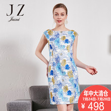 玖姿奥莱优雅气质印花连衣裙中长款2018夏新款圆领无袖女裙图片