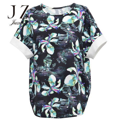 JUZUI/玖姿印花时尚圆领短袖宽松t恤雪纺上衣女夏装新款正品商品大图