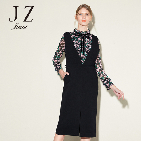 JUZUI/玖姿奥莱女装2017春季新款V领时尚修身显瘦背带连衣裙商品大图