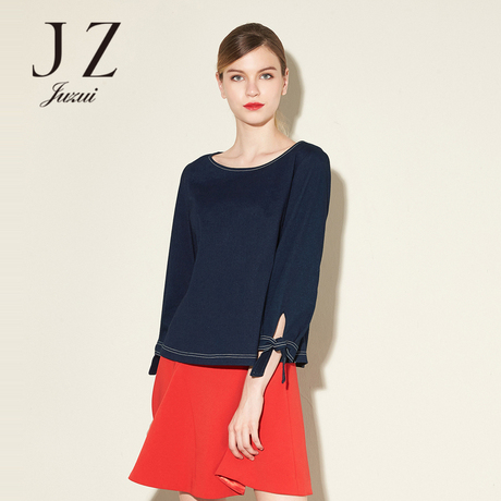 JUZUI/玖姿奥莱女装圆领上衣女2017秋季新款仿牛仔长袖秋装女商品大图