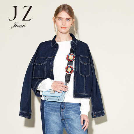 JUZUI/玖姿奥莱女秋装新牛仔长袖无弹翻领短款休闲外套商品大图